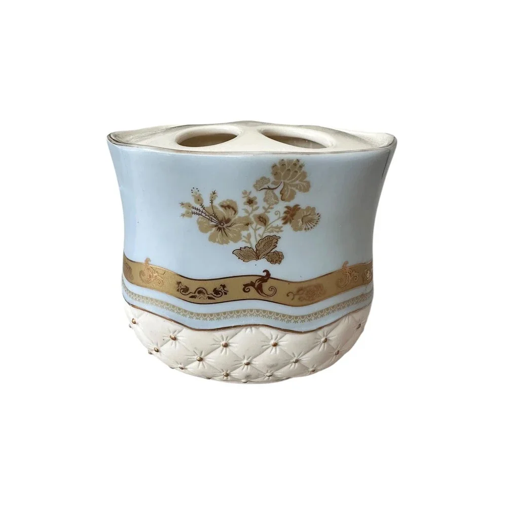 Vintage Croscill Napoleon Ceramic Toothbrush Holder Blue Quilted Floral 1986